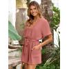 imageSimplee Women Summer Short Rompers V Neck Button Down Short Sleeve Belted Waist Tie Jumpsuits with PocketsBrick Red