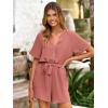imageSimplee Women Summer Short Rompers V Neck Button Down Short Sleeve Belted Waist Tie Jumpsuits with PocketsBrick Red