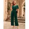 imageSimplee Womens Short Sleeve Wide Leg Velvet Jumpsuit Dressy V Neck Elastic Waist Formal Jumpsuits 2024 Winter Holiday OutfitsVelvet Bemerald Green