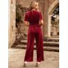 imageSimplee Womens Short Sleeve Wide Leg Velvet Jumpsuit Dressy V Neck Elastic Waist Formal Jumpsuits 2024 Winter Holiday OutfitsVelvet Bwine Red