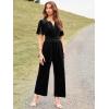 imageSimplee Womens Short Sleeve Wide Leg Velvet Jumpsuit Dressy V Neck Elastic Waist Formal Jumpsuits 2024 Winter Holiday OutfitsVelvetblack