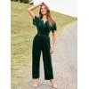 imageSimplee Womens Short Sleeve Wide Leg Velvet Jumpsuit Dressy V Neck Elastic Waist Formal Jumpsuits 2024 Winter Holiday OutfitsVelvetemerald Green