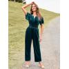 imageSimplee Womens Short Sleeve Wide Leg Velvet Jumpsuit Dressy V Neck Elastic Waist Formal Jumpsuits 2024 Winter Holiday OutfitsVelvetlake Blue