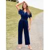 imageSimplee Womens Short Sleeve Wide Leg Velvet Jumpsuit Dressy V Neck Elastic Waist Formal Jumpsuits 2024 Winter Holiday OutfitsVelvetnavy Blue