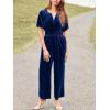 imageSimplee Womens Short Sleeve Wide Leg Velvet Jumpsuit Dressy V Neck Elastic Waist Formal Jumpsuits 2024 Winter Holiday OutfitsVelvetnavy Blue