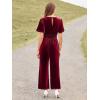 imageSimplee Womens Short Sleeve Wide Leg Velvet Jumpsuit Dressy V Neck Elastic Waist Formal Jumpsuits 2024 Winter Holiday OutfitsVelvetwine Red