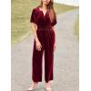 imageSimplee Womens Short Sleeve Wide Leg Velvet Jumpsuit Dressy V Neck Elastic Waist Formal Jumpsuits 2024 Winter Holiday OutfitsVelvetwine Red