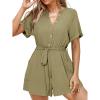 imageSimplee Women Summer Short Rompers V Neck Button Down Short Sleeve Belted Waist Tie Jumpsuits with PocketsArmy Green