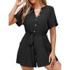 imageSimplee Women Summer Short Rompers V Neck Button Down Short Sleeve Belted Waist Tie Jumpsuits with PocketsBlack