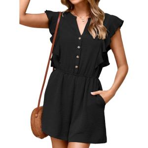 imageSimplee Apparel Womens Summer Romper  Flutter Sleeve Cruise Outfits Button Casual Wide Leg Jumpsuit Dressy with PocketsBlack
