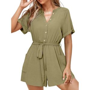 imageSimplee Women Summer Short Rompers V Neck Button Down Short Sleeve Belted Waist Tie Jumpsuits with PocketsArmy Green