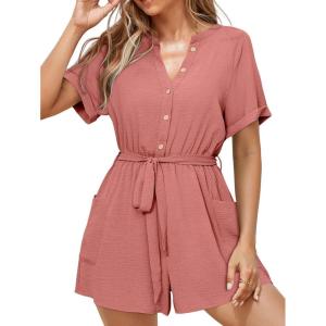 imageSimplee Women Summer Short Rompers V Neck Button Down Short Sleeve Belted Waist Tie Jumpsuits with PocketsBrick Red