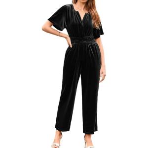 imageSimplee Womens Short Sleeve Wide Leg Velvet Jumpsuit Dressy V Neck Elastic Waist Formal Jumpsuits 2024 Winter Holiday OutfitsVelvetblack