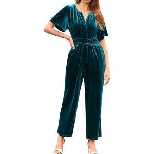 imageSimplee Womens Short Sleeve Wide Leg Velvet Jumpsuit Dressy V Neck Elastic Waist Formal Jumpsuits 2024 Winter Holiday OutfitsVelvetlake Blue
