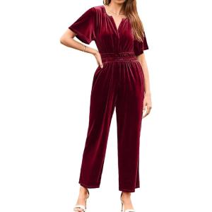 imageSimplee Womens Short Sleeve Wide Leg Velvet Jumpsuit Dressy V Neck Elastic Waist Formal Jumpsuits 2024 Winter Holiday OutfitsVelvetwine Red