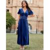 imageSimplee Womens Short Sleeve Velvet Maxi Dress V Neck Empire Waist Long Formal Wedding Guest DressesNavy Blue
