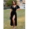 imageSimplee Womens Velvet Wrap Dress Short Sleeve High Split Fall Wedding Guest Dresses Long Formal Cocktail Party DressesBlack