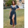 imageSimplee Womens Velvet Wrap Dress Short Sleeve High Split Fall Wedding Guest Dresses Long Formal Cocktail Party DressesGrey Blue