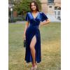 imageSimplee Womens Velvet Wrap Dress Short Sleeve High Split Fall Wedding Guest Dresses Long Formal Cocktail Party DressesNavy Blue