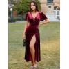 imageSimplee Womens Velvet Wrap Dress Short Sleeve High Split Fall Wedding Guest Dresses Long Formal Cocktail Party DressesWine Red
