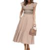 imageSimplee Womens Boho Maxi Dress Flutter Sleeve Summer Casual Smocked Waist A Line Flowy Tiered Dress with PocketsBeige