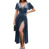 imageSimplee Womens Velvet Wrap Dress Short Sleeve High Split Fall Wedding Guest Dresses Long Formal Cocktail Party DressesGrey Blue