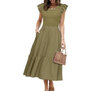 imageSimplee Womens Boho Maxi Dress Flutter Sleeve Summer Casual Smocked Waist A Line Flowy Tiered Dress with PocketsArmy Green