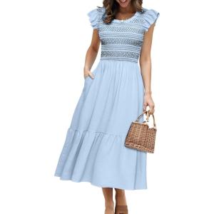 imageSimplee Womens Boho Maxi Dress Flutter Sleeve Summer Casual Smocked Waist A Line Flowy Tiered Dress with PocketsBlue