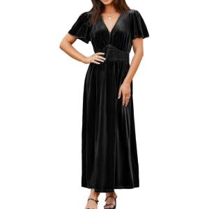 imageSimplee Womens Short Sleeve Velvet Maxi Dress V Neck Empire Waist Long Formal Wedding Guest DressesBlack