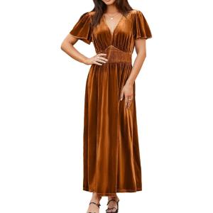 imageSimplee Womens Short Sleeve Velvet Maxi Dress V Neck Empire Waist Long Formal Wedding Guest DressesBurnt Orange