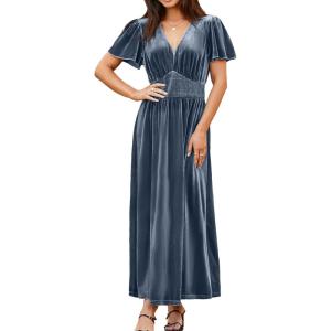 imageSimplee Womens Short Sleeve Velvet Maxi Dress V Neck Empire Waist Long Formal Wedding Guest DressesDusty Blue