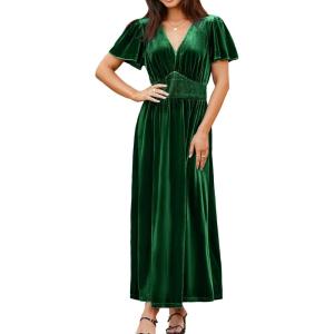 imageSimplee Womens Short Sleeve Velvet Maxi Dress V Neck Empire Waist Long Formal Wedding Guest DressesGreen