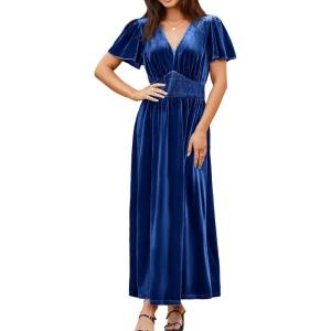 imageSimplee Womens Short Sleeve Velvet Maxi Dress V Neck Empire Waist Long Formal Wedding Guest DressesNavy Blue