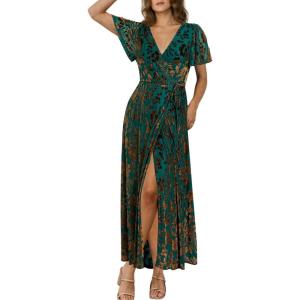 imageSimplee Womens Velvet Wrap Dress Short Sleeve High Split Fall Wedding Guest Dresses Long Formal Cocktail Party DressesGreen Brown