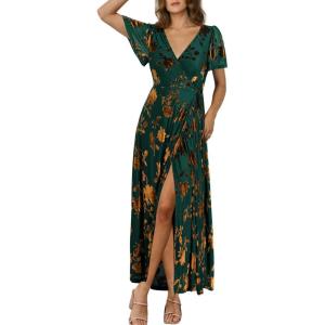 imageSimplee Womens Velvet Wrap Dress Short Sleeve High Split Fall Wedding Guest Dresses Long Formal Cocktail Party DressesGreen Gold