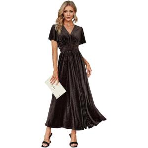 imageSimplee Womens V Neck Velvet Maxi Dress Short Sleeve Empire Waist Long Formal Dress for Wedding Guest4chocolate Brown