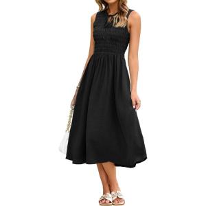 imageSimplee Womens Summer Smocked Midi Sundress V Neck Sleeveess Boho A Line Sun Dress with PocketsBlack