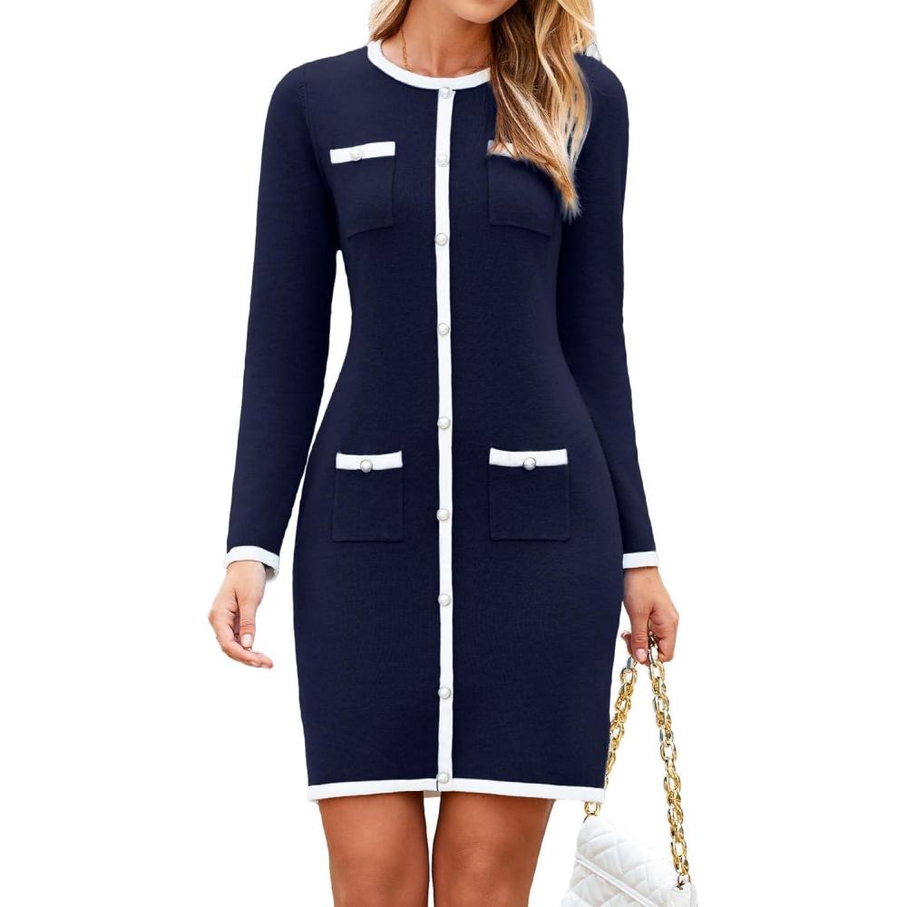 imageSimplee Womens Fall Sweater Dress Winter Knitted Long Sleeve Bodycon Mini Work Dress Casual Holiday Short Party DressesNavy Blue