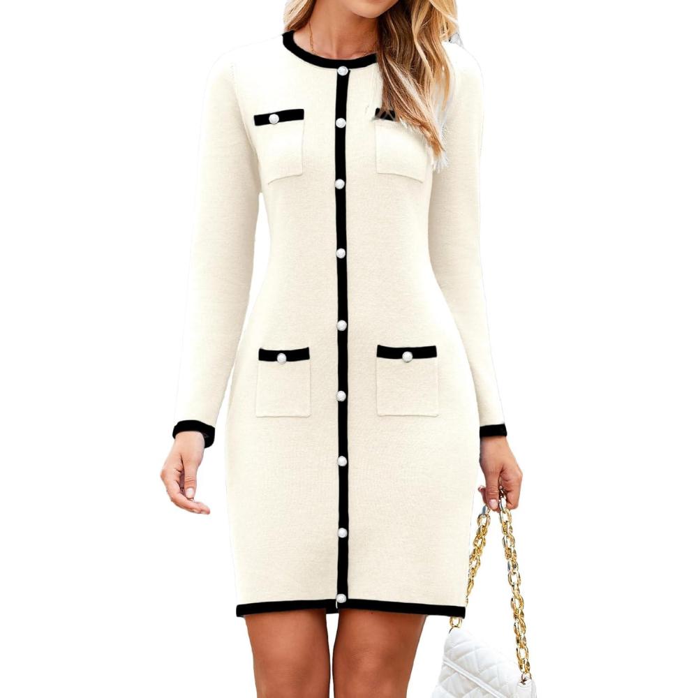 imageSimplee Womens Fall Sweater Dress Winter Knitted Long Sleeve Bodycon Mini Work Dress Casual Holiday Short Party DressesWhite