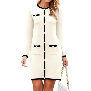 imageSimplee Womens Fall Sweater Dress Winter Knitted Long Sleeve Bodycon Mini Work Dress Casual Holiday Short Party DressesWhite