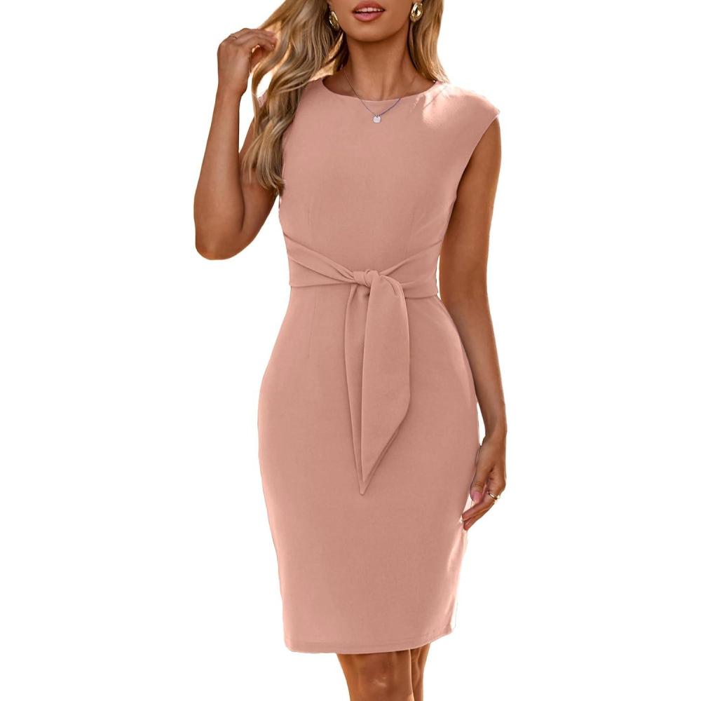 imageSimplee Womens Work Business Bodycon Midi Dress Elegant Fall Crew Neck Cap Sleeve Semi Formal Office Cocktail Sheath DressesNude Pink