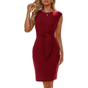 imageSimplee Womens Work Business Bodycon Midi Dress Elegant Fall Crew Neck Cap Sleeve Semi Formal Office Cocktail Sheath DressesWine Red