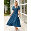 imageSimplee Womens Summer Flowy Midi Dress Casual V Neck Short Sleeve Empire Waist Boho Beach Wedding Guest DressesDeep Blue
