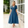 imageSimplee Womens Summer Flowy Midi Dress Casual V Neck Short Sleeve Empire Waist Boho Beach Wedding Guest DressesDeep Blue
