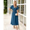 imageSimplee Womens Summer Flowy Midi Dress Casual V Neck Short Sleeve Empire Waist Boho Beach Wedding Guest DressesDeep Blue