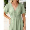 imageSimplee Womens Summer Flowy Midi Dress Casual V Neck Short Sleeve Empire Waist Boho Beach Wedding Guest DressesSage Green
