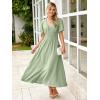 imageSimplee Womens Summer Flowy Midi Dress Casual V Neck Short Sleeve Empire Waist Boho Beach Wedding Guest DressesSage Green