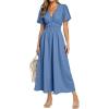 imageSimplee Womens Summer Flowy Midi Dress Casual V Neck Short Sleeve Empire Waist Boho Beach Wedding Guest DressesBlue
