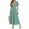 imageSimplee Womens Summer Flowy Midi Dress Casual V Neck Short Sleeve Empire Waist Boho Beach Wedding Guest DressesBlue Green