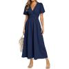 imageSimplee Womens Summer Flowy Midi Dress Casual V Neck Short Sleeve Empire Waist Boho Beach Wedding Guest DressesNavy Blue